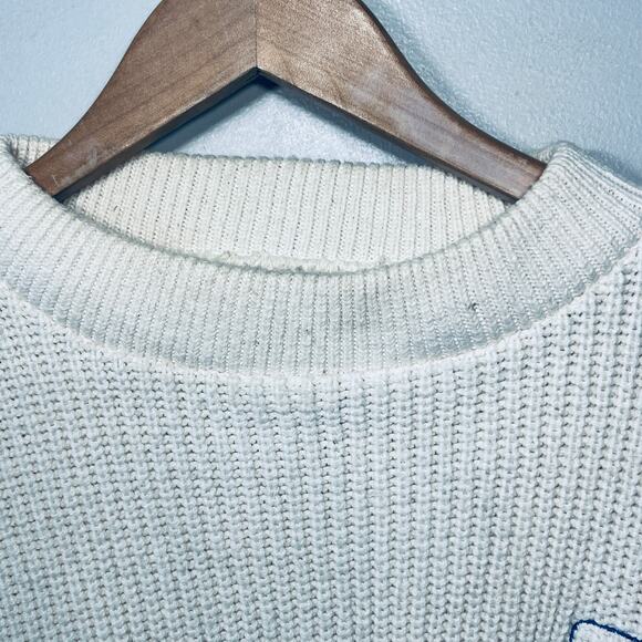 McBriar VTG 90s Blue Streak Sweater Men Pullover Cream Ribbed Knit Cotton L - Picture 2 of 6